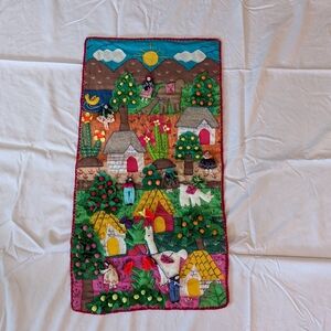 VTG  Peruvian Arpillera 3D folk art applique embroidery wall 34" x18' Arte Inca